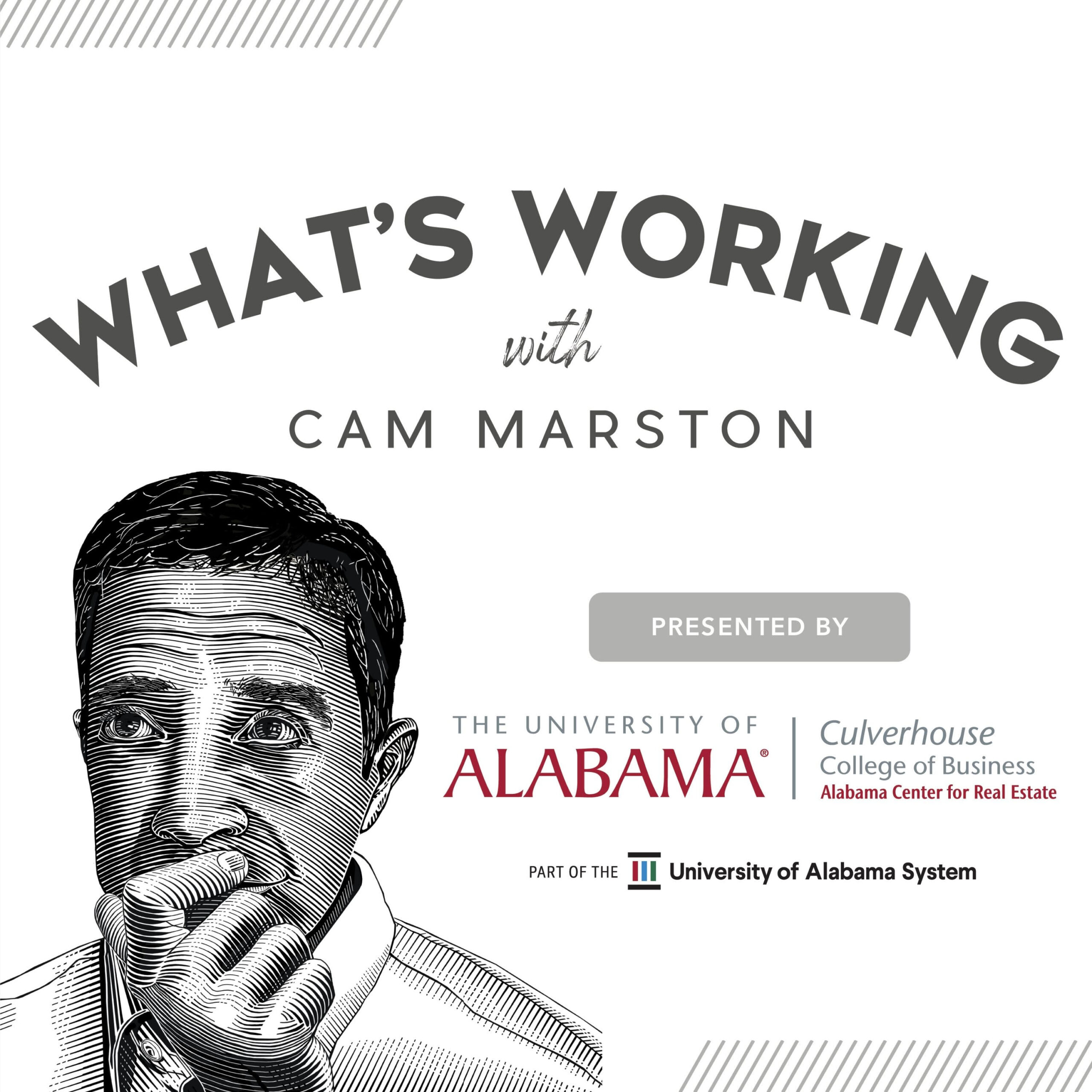 What's Work With Cam Marston Podcast Logo - Presented by The University of South AL & Culverahouse College of Business AL Center for Real Estate - Part of the University of Alabama System